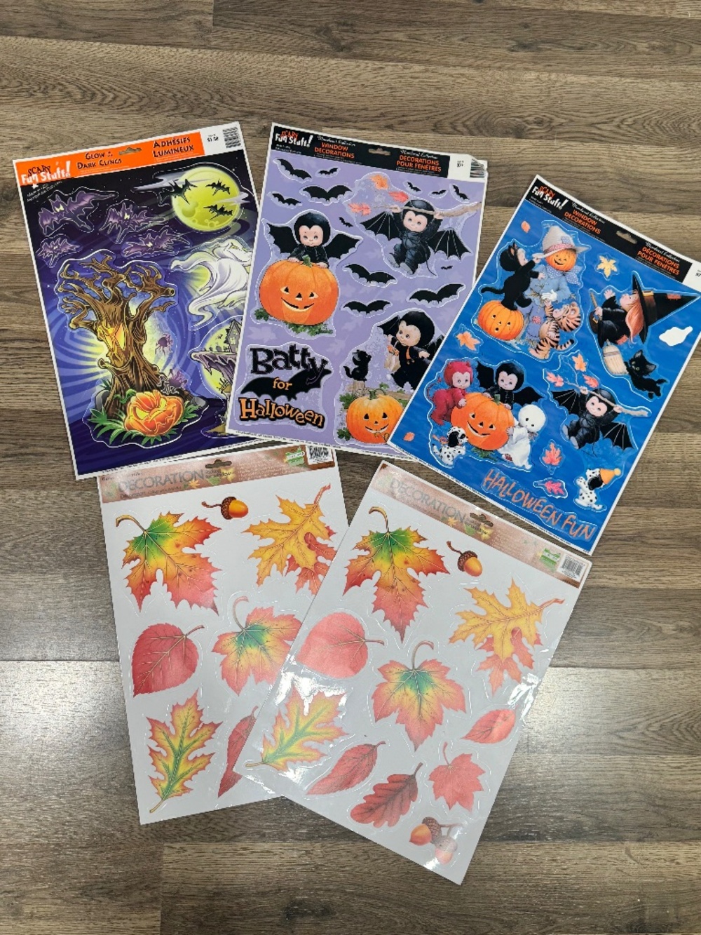 Vtg Halloween Color Clings Classic Glow Window Ghost Bat Fall Leaves Fun Lot 5